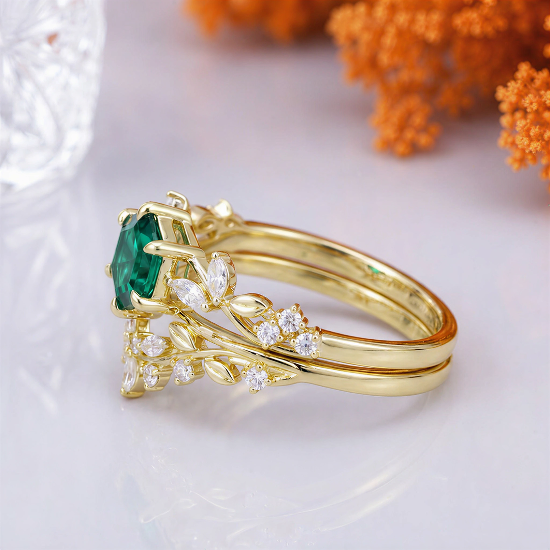 Vine Sprig Hexagon Cut Emerald Engagement Ring Set 2pcs Natural Inspired Ring Set For Her