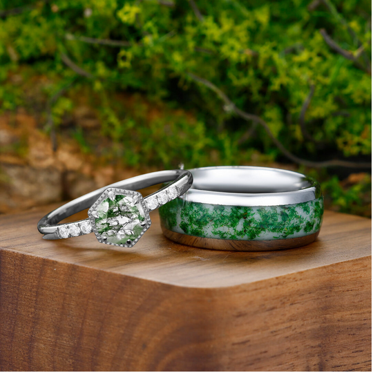 Classic Moss Agate Couples Ring Set S925 Gold Plated And Dome Tungsten Matching Ring