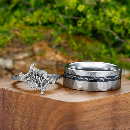 Solitaire Black Rutilated Quartz Branches Rings For Couples Meteorite Tungsten Matching Ring