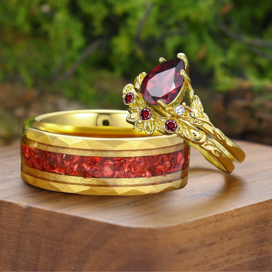 Unique Leaf Design Pear Cut Natural Red Garnet Couple Rings Silver And Tungsten Matching Rings