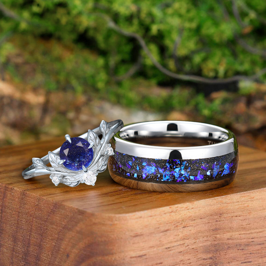 Brilliant Galaxy Sandstone Leaf Shape Couples Ring Set Blue Shining Tungsten Matching Ring -  Esdomera.com