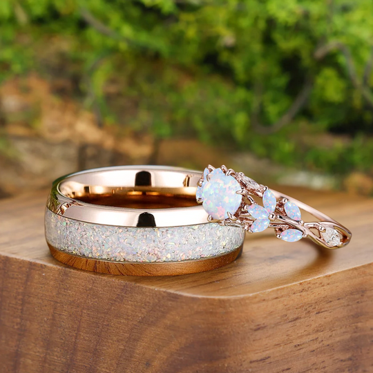 Leaf Design Pink White Opal Couples Ring Set Rose Gold Plated Matching Promise His and Hers Wedding Rings