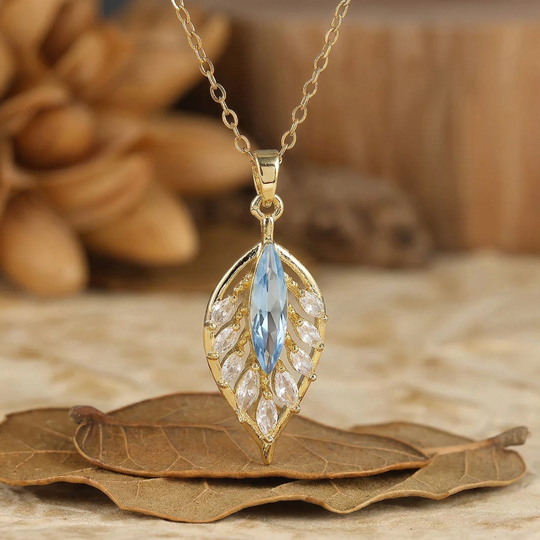 925 Argento Collana con Pendente a Forma di Piuma/Foglia Marquise con Acquamarina, Collana in Oro 14K per Donna