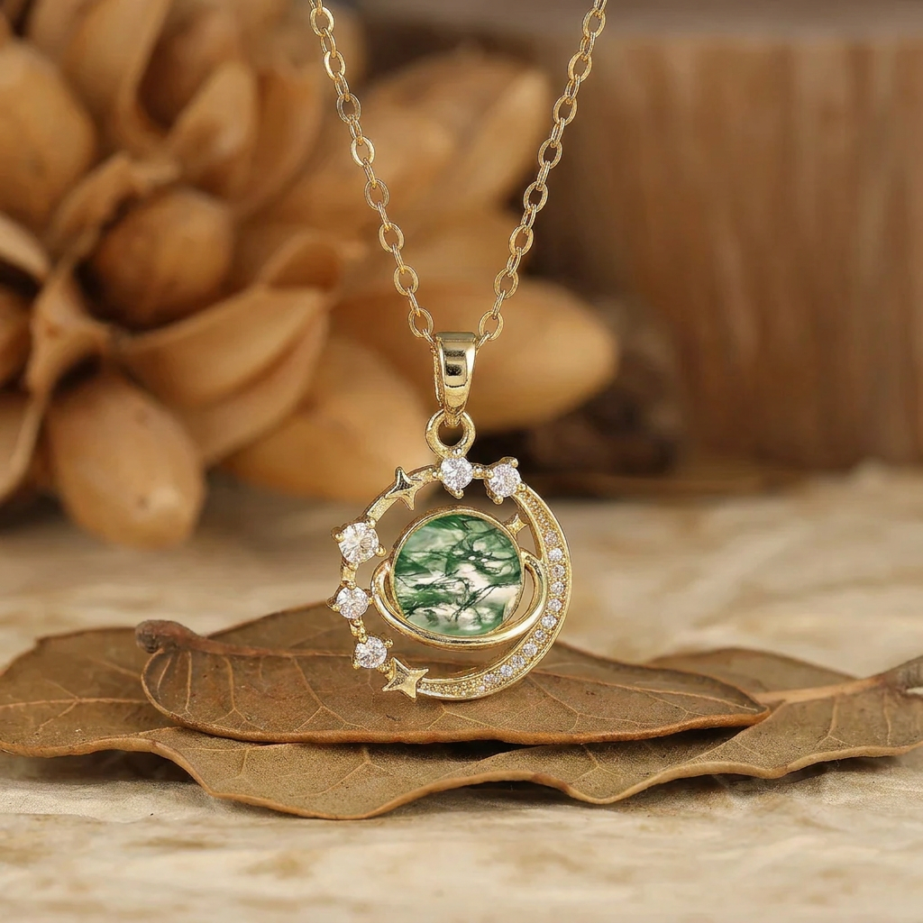 925 Argento Collana con Ciondolo Rotondo Sottile con Acquamarina, Luna e Stelle, Collana in Oro 14K