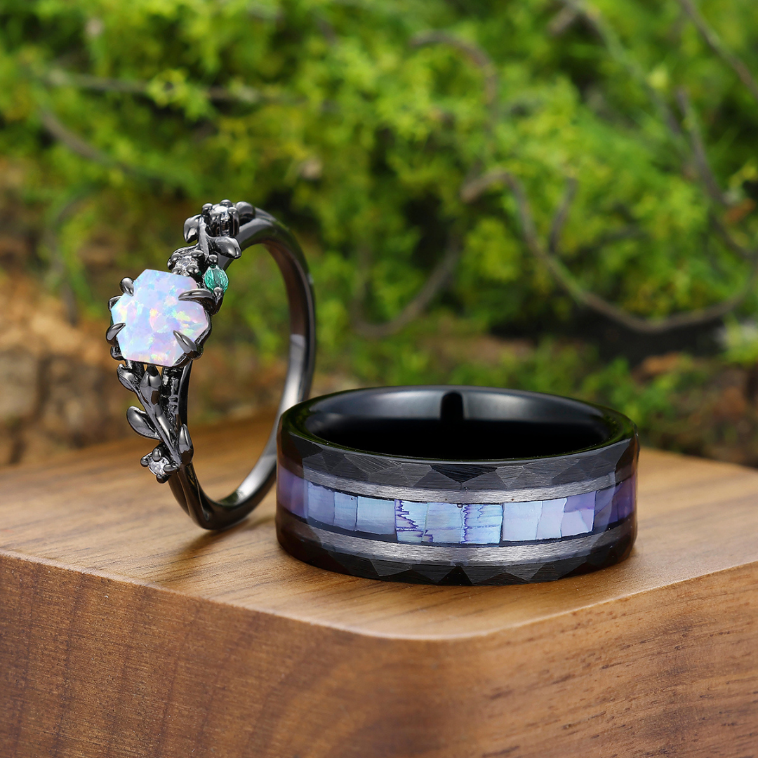 Art Deco Pink White Opal Leaves Engagement Promise Rings For