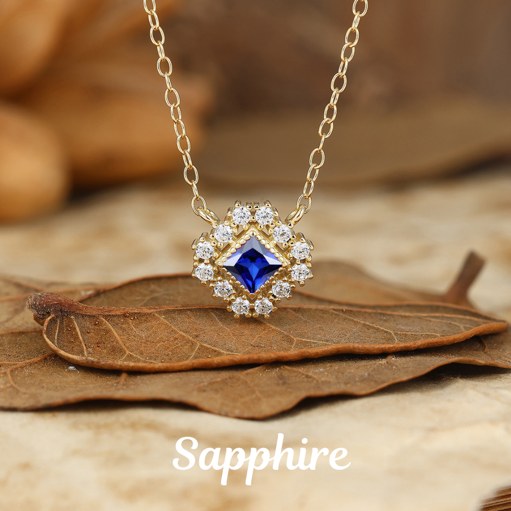 Cluster Princess shape Emerald Pendant Necklace 14K Solid Gold Women Necklace