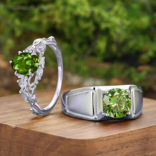 Natuurgeïnspireerde ovale peridoot ringen voor koppels augustus peridoot matchende ringen voor hem en haar