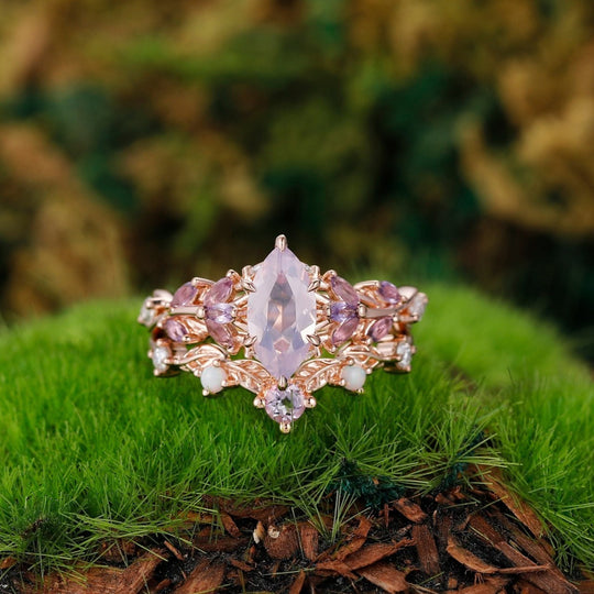 Vintage Leaf-inspired Marquise Cut Natural Lavender Amethyst Engagement Ring Sets Rose Gold Art Deco Branch Women Wedding Ring