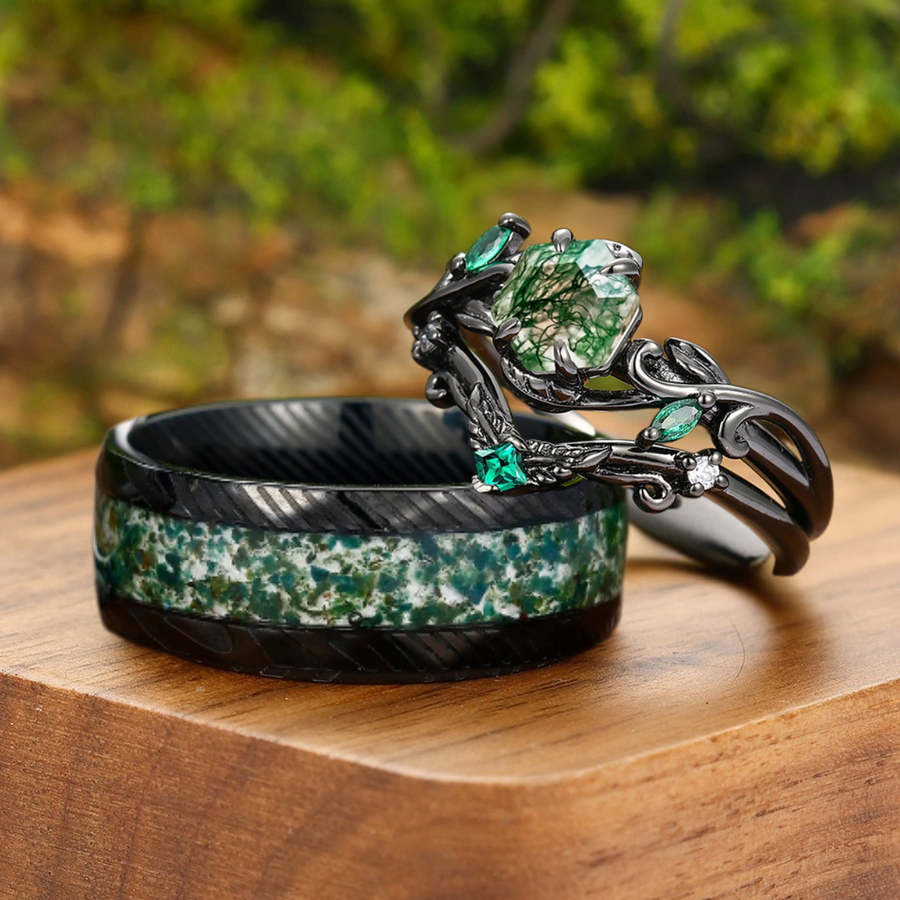 Leaf-inspired Moss Agate Engagement Rings Set For Couples Modern Damascus Steel Anniversary Wedding Band.