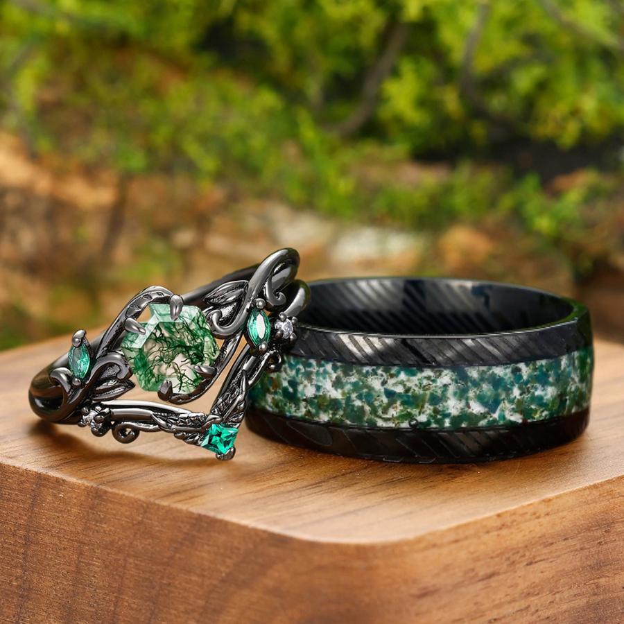 Leaf-inspired Moss Agate Engagement Rings Set For Couples Modern Damascus Steel Anniversary Wedding Band.