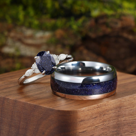 Exquisite Oval Blue Sandstone Accents Engagement Couples Ring Set His And Hers Wedding Bands Marriage Rings