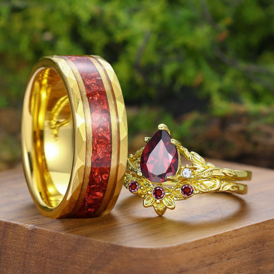 Unique Leaf Design Pear Cut Natural Red Garnet Couple Rings Silver And Tungsten Matching Rings