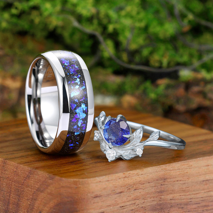 Brilliant Galaxy Sandstone Leaf Shape Couples Ring Set Blue Shining Tungsten Matching Ring -  Esdomera.com