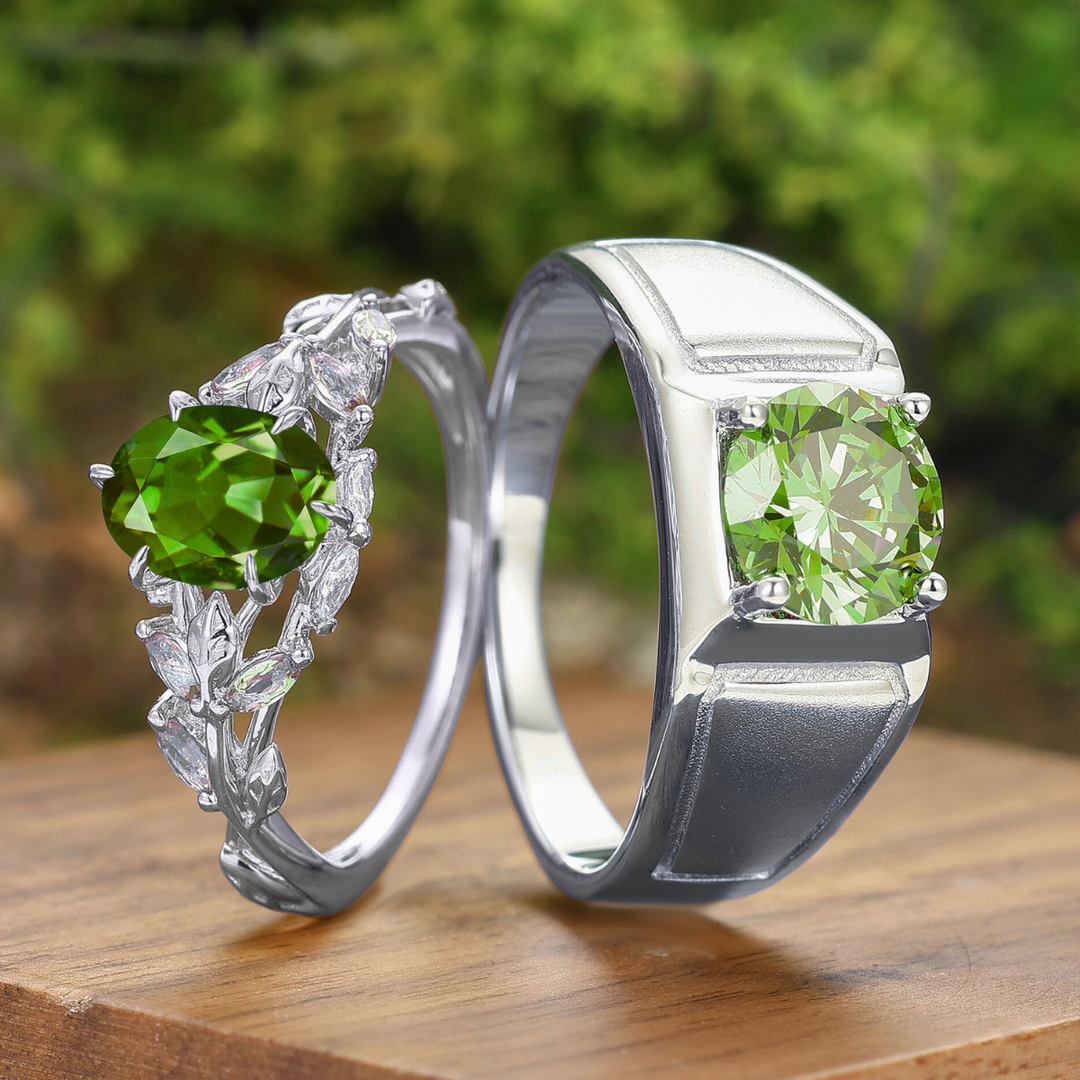 Natuurgeïnspireerde ovale peridoot ringen voor koppels augustus peridoot matchende ringen voor hem en haar
