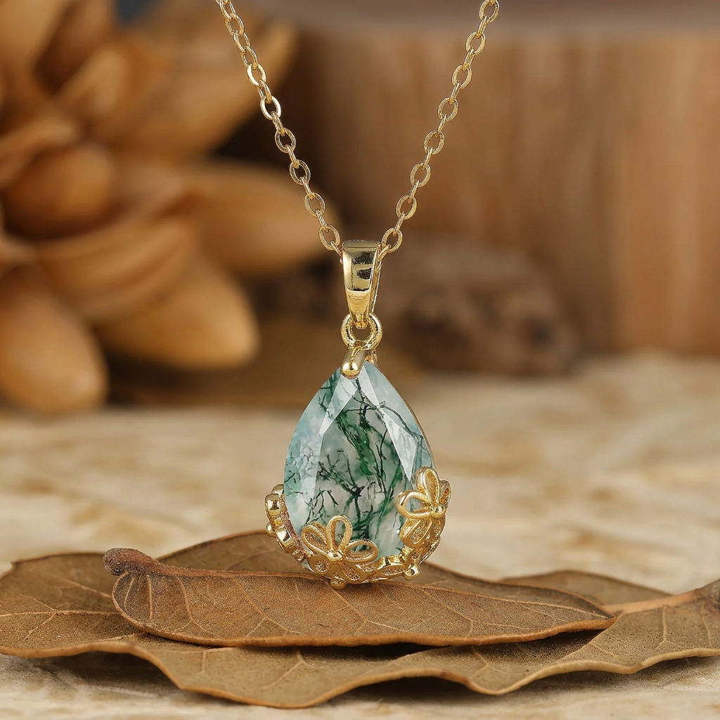 Elegant goldene Filigran-Krone 1,5 CT Birnenschliff Moosachat Anhänger Halskette Jubiläumsgeschenk