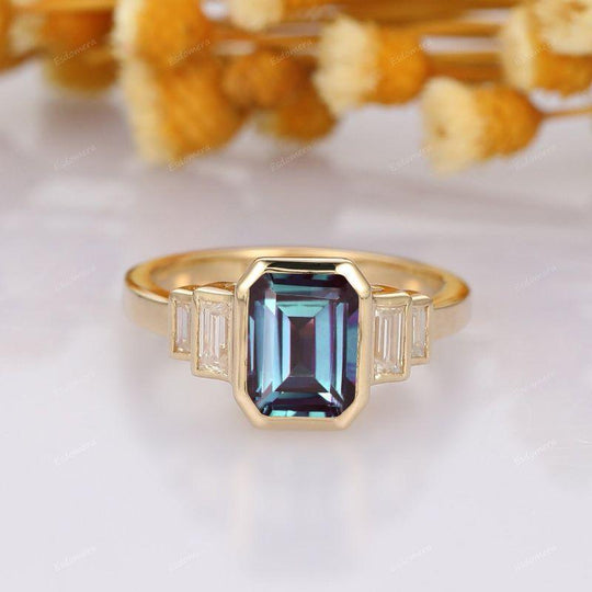 Bezel Emerald Cut Alexandrite Five Stone Baguette Cut Moissanite Color Change Gemstone Engagement Ring - Esdomera