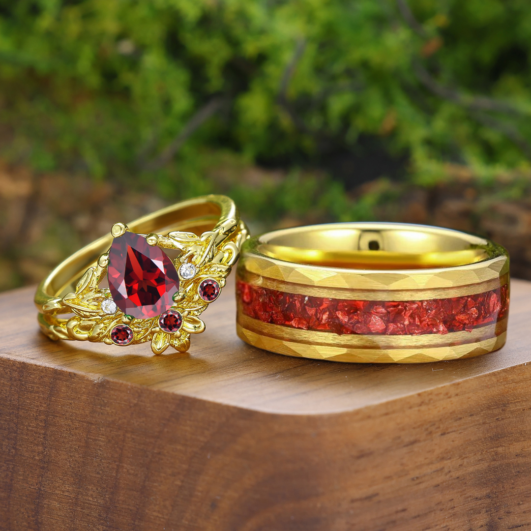 Unique Leaf Design Pear Cut Natural Red Garnet Couple Rings Silver And Tungsten Matching Rings