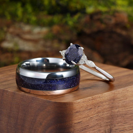 Exquisite Oval Blue Sandstone Accents Engagement Couples Ring Set His And Hers Wedding Bands Marriage Rings