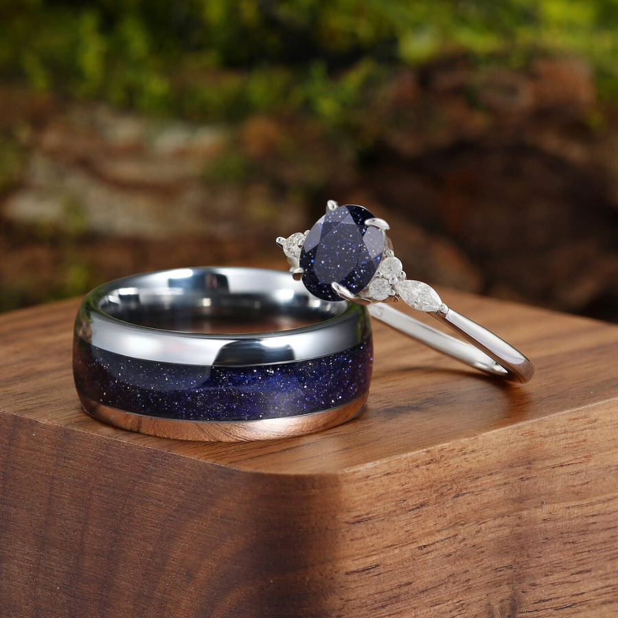 Exquisito conjunto de anillos de compromiso para parejas con acentos de piedra arenisca azul ovalada, anillos de boda para él y para ella, anillos de matrimonio