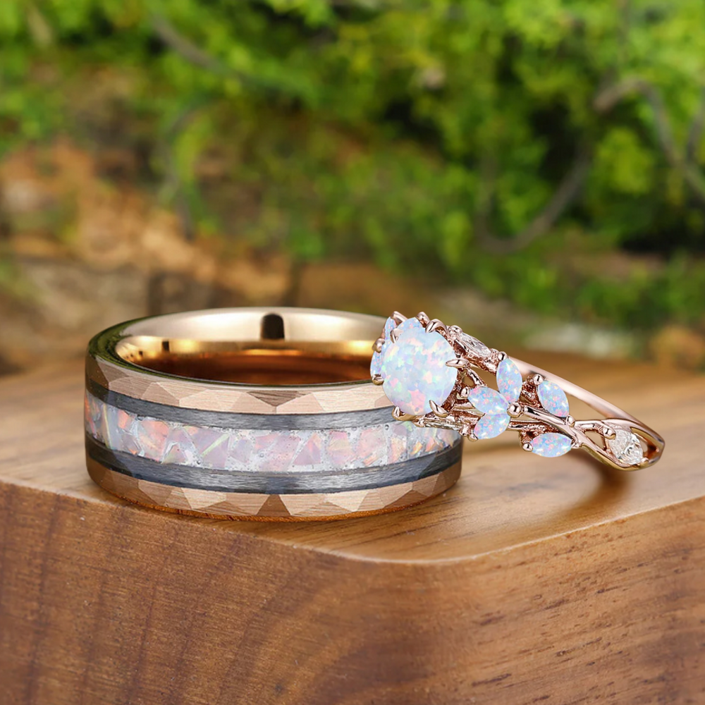 Elegant Pink White Opal Engagement Couple Rings Set His And Hers Wedding Bands