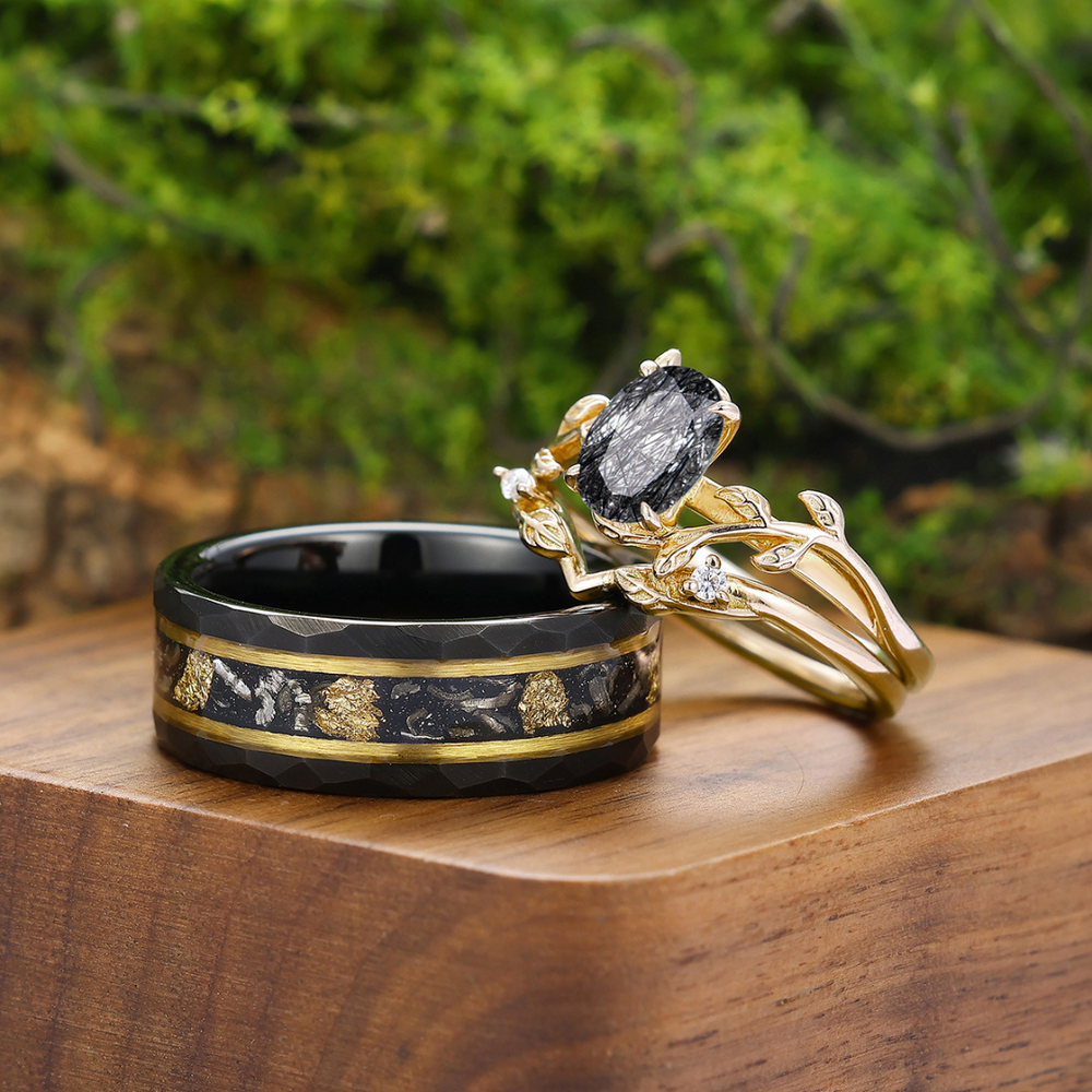 Exquisite Branches Black Rutilated Quartz Engagement Couples Ring Set Yellow Gold His And Hers Marriage Bands