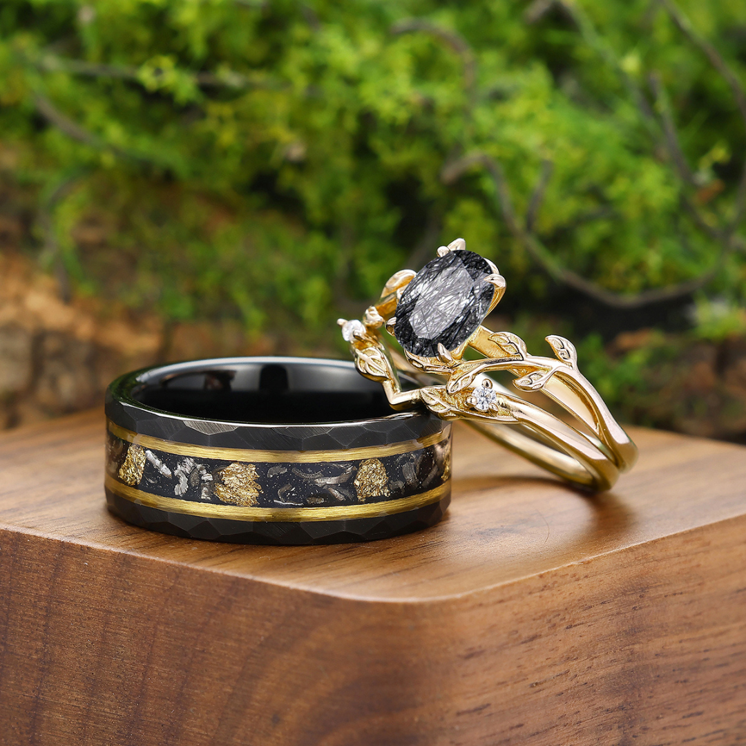 Exquisite Branches Black Rutilated Quartz Engagement Couples Ring Set Yellow Gold His And Hers Marriage Bands