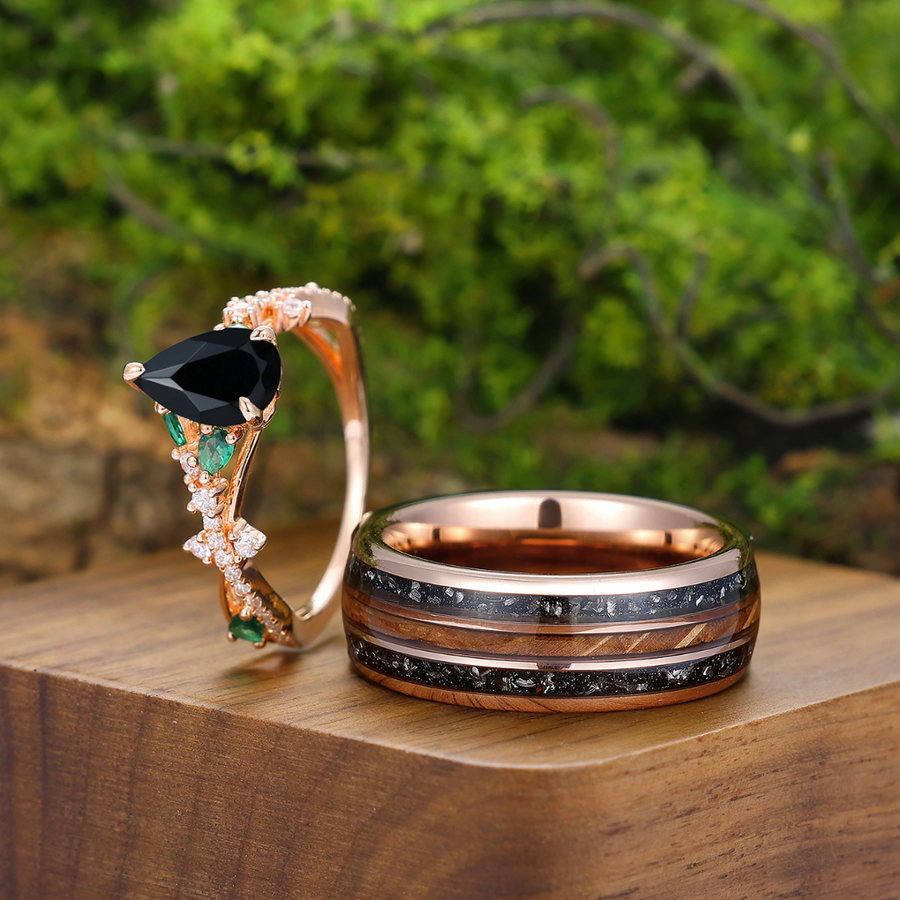 Dazzling Black Onyx Half Eternity Engagement Couples Ring Rose Gold Tungsten His And Hers Wedding Bands -  Esdomera.com