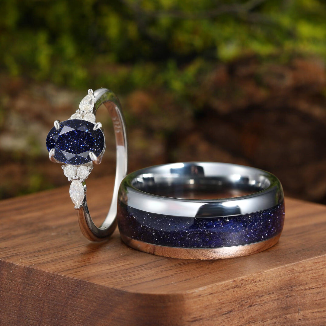 Exquisite Oval Blue Sandstone Accents Engagement Couples Ring Set His And Hers Wedding Bands Marriage Rings