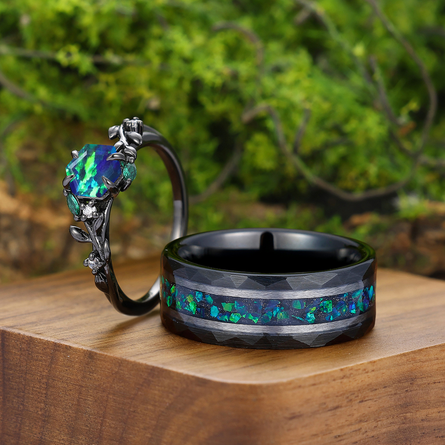 Romantic Peacock Green Filigreed Leaves Engagement Couples Ring Promise His And Hers Matching Wedding Bands -  Esdomera.com