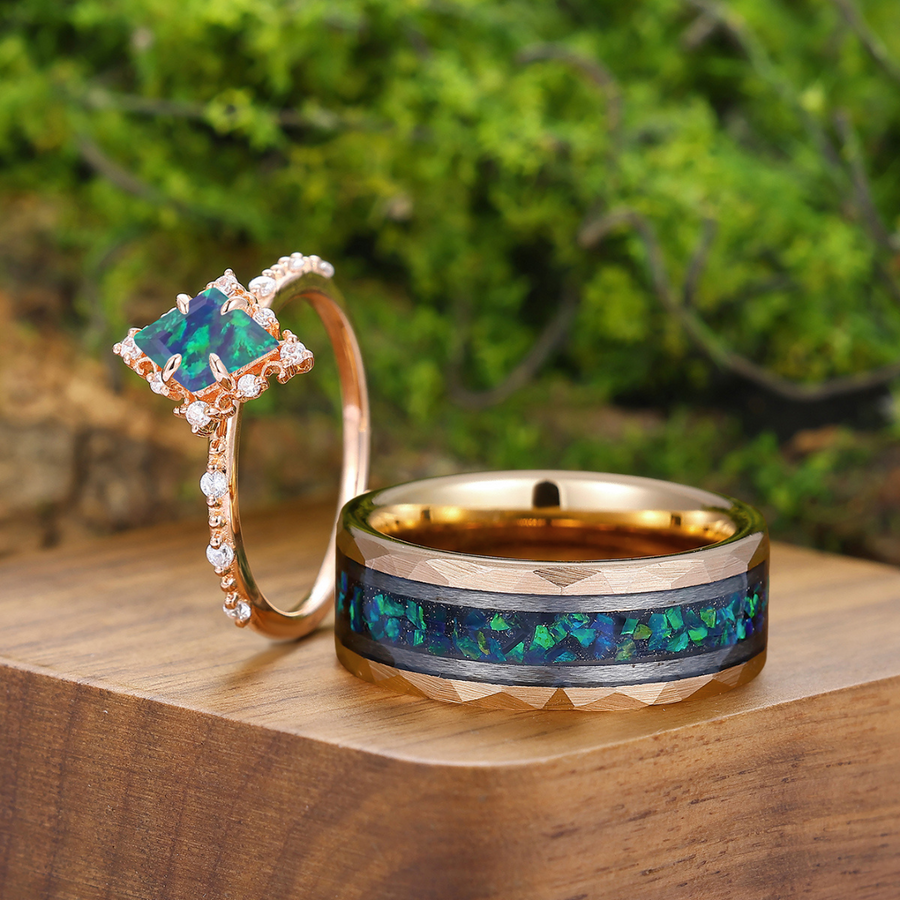 Delicate Rhombus Peacock Green Opal Engagement Couple Rings His And Hers Wedding Rings Modern Couple's Set -  Esdomera.com