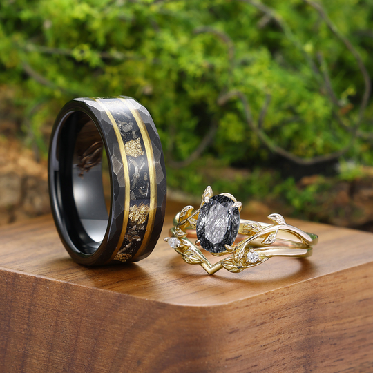 Exquisite Branches Black Rutilated Quartz Engagement Couples Ring Set Yellow Gold His And Hers Marriage Bands