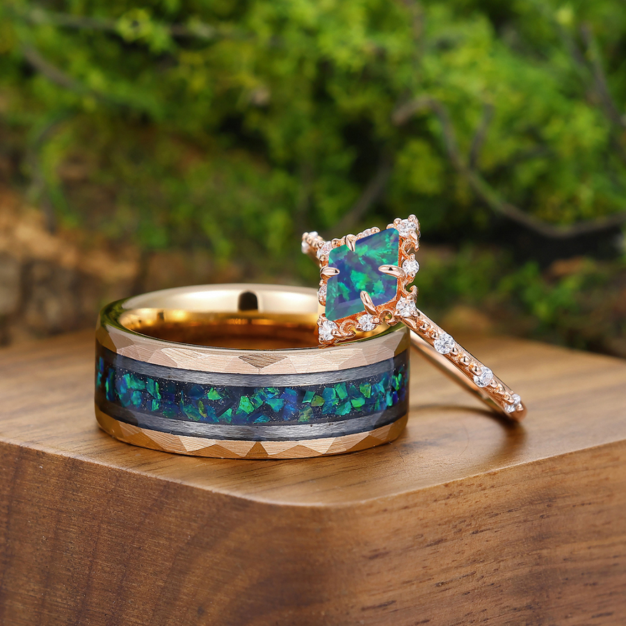 Delicate Rhombus Peacock Green Opal Engagement Couple Rings His And Hers Wedding Rings Modern Couple's Set -  Esdomera.com