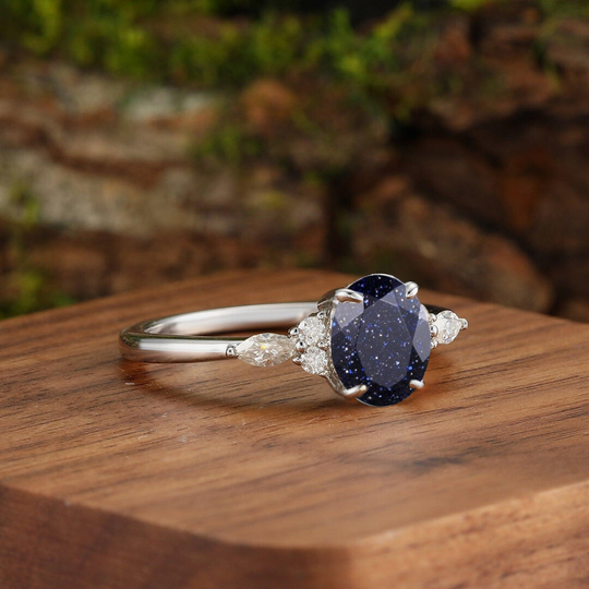 Exquisite Oval Blue Sandstone Accents Engagement Couples Ring Set His And Hers Wedding Bands Marriage Rings