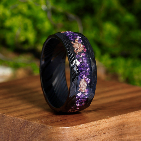 Hammered Damascus Steel - Crushed Gold Foil and Amethyst Inlay Men’s Promise Ring Unisex Bands