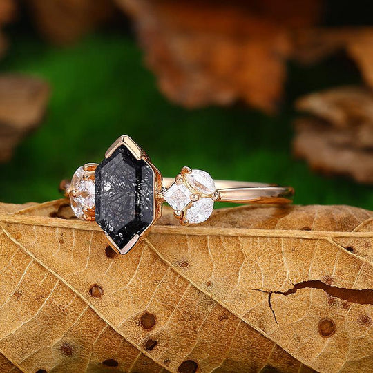 14k 18k Classic Natural Black Rutilated Quartz Cluster Moissanite Diamond Ring - Esdomera