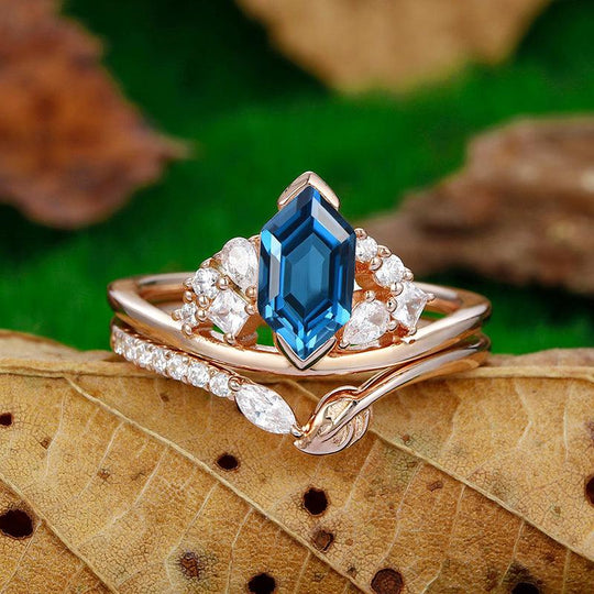 14k 18k rose gold Long hexagon cut London blue topaz leaf design Engagement ring set - Esdomera