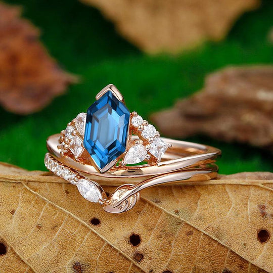 14k 18k rose gold Long hexagon cut London blue topaz leaf design Engagement ring set - Esdomera