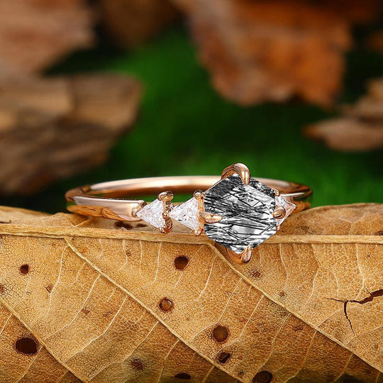 14k 18k Rose Gold Natural Black Rutilated Quartz Engagement Ring - Esdomera