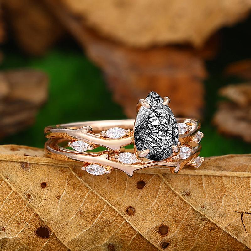 14k 18k Round Shaped Natural Black Rutilated Quartz Ring Set Marqusie Miossanite Matching Band - Esdomera