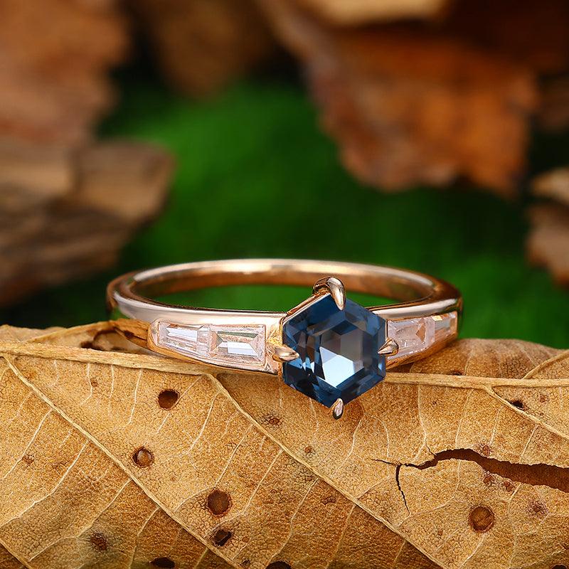 14k gold Flat Bottom Hexagon London Blue Topaz engagement ring - Esdomera