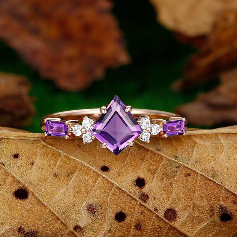 14k Gold Kite Cut Cluster Natural Amethyst Diamond Ring - Esdomera