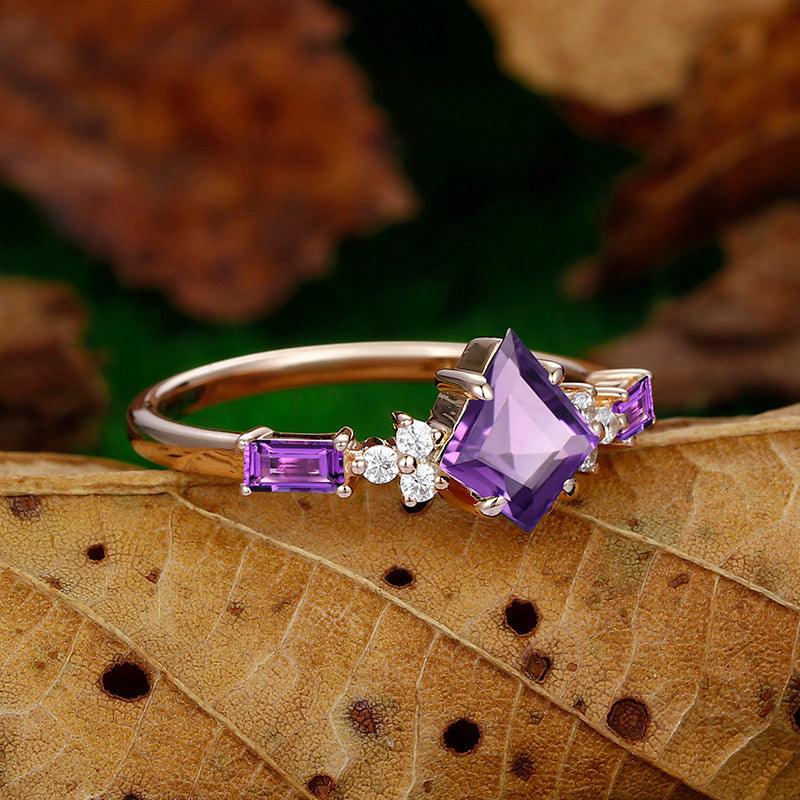 14k Gold Kite Cut Cluster Natural Amethyst Diamond Ring - Esdomera