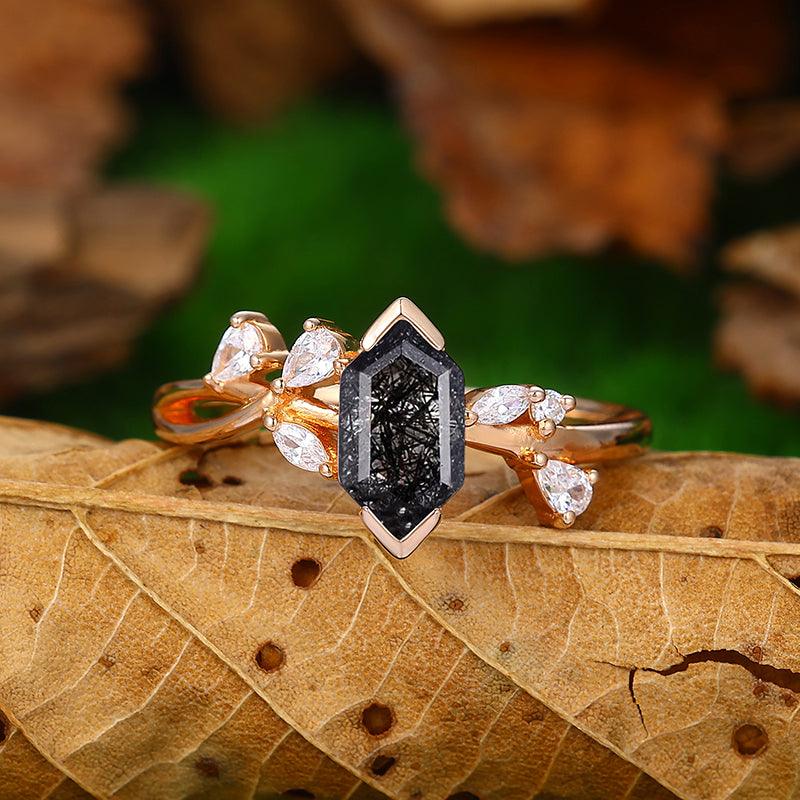 Selling 14k Rose Gold Black Rutile Wedding Ring Art Deco Rutile Engagement Ring Vintage Bridal Anniversary Ring Pear Cut Leaf Wedding Ring For Women