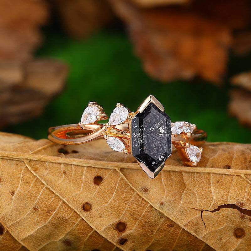 14K Gold Natural Black Rutilated Quartz Twisted Art Deco Diamond Wedding Ring - Esdomera