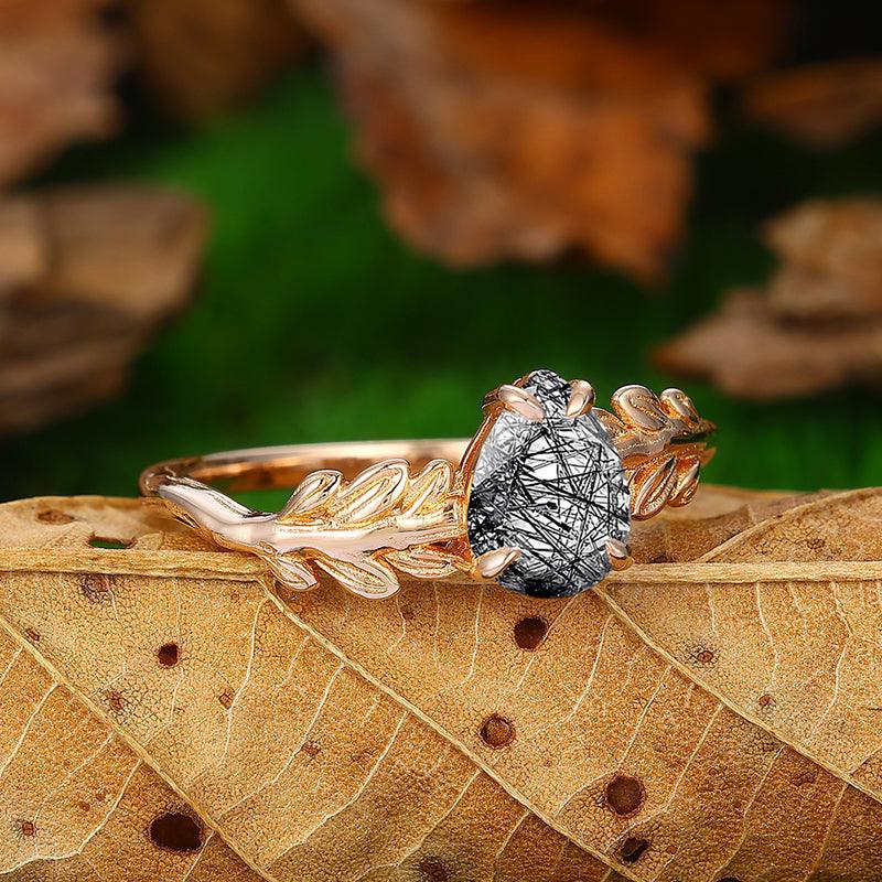 14k Gold Pear Shaped Leaf Vines Natural Black Rutilated Quartz Engagement Ring - Esdomera