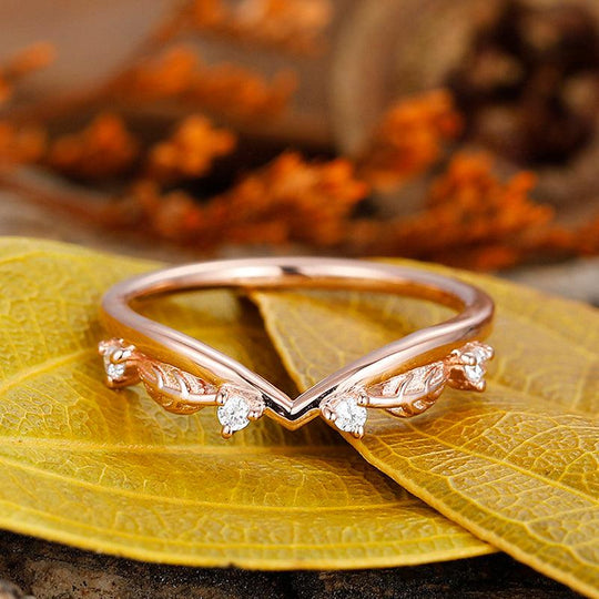 14k gold round cut Nature Inspired curved wedding band leaf design branch Stackable ring - Esdomera
