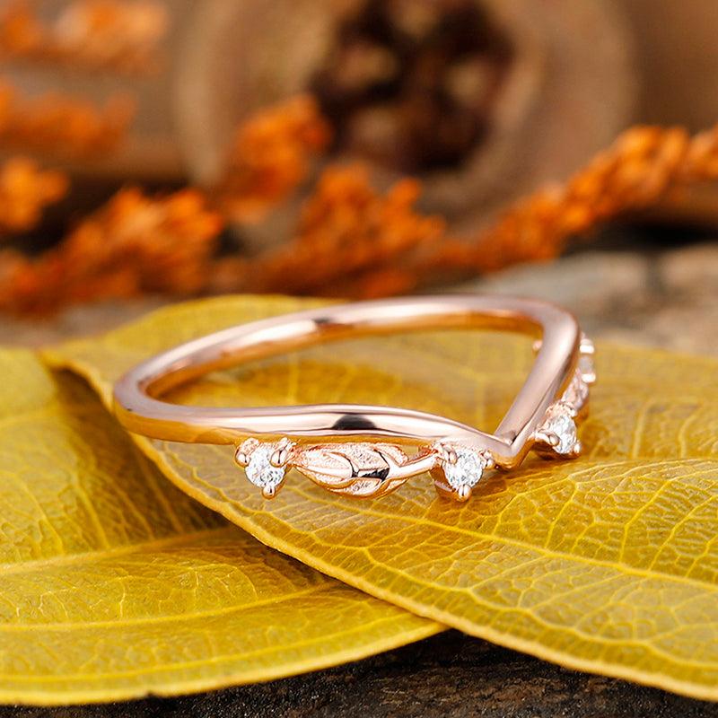14k gold round cut Nature Inspired curved wedding band leaf design branch Stackable ring - Esdomera