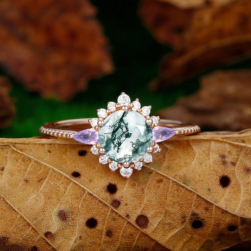 14k Gold Round Shaped Milgrain Design Halo Moss Agate Engagement Ring Moonstone Diamond - Esdomera