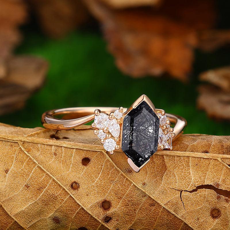 14k Gold Twisted Art Deco Natural Black Rutilated Quartz Diamond Cluster Engagement Ring - Esdomera