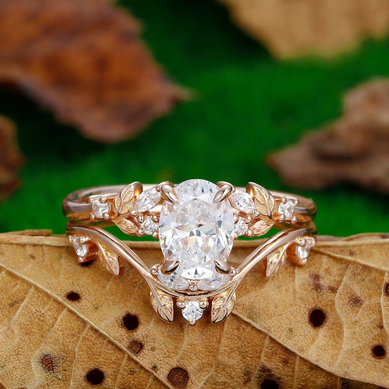 14k Rose Gold 1.5Carat Oval Cut Moissanite Engagement Ring Set Unique Leaf Cluster Bridal Set - Esdomera